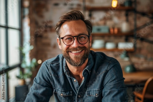 Portrait of a smiling man with glasses and a beard sitting in a cozy kitchen with warm lighting. Generated AI