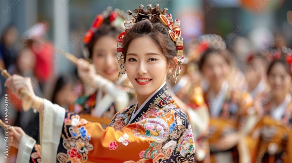 Korean folk dance, dancers in traditional costumes Korean folk dance, dancers in traditional costumes
