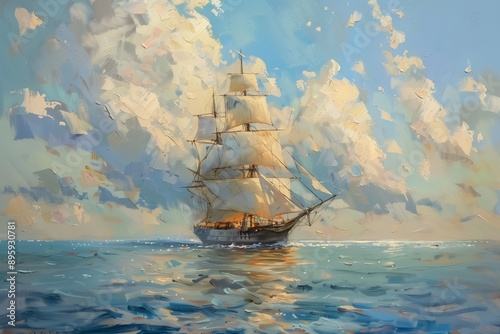 A majestic sailing ship sails across the calm ocean waters under a stunning blue sky with scattered, fluffy clouds.