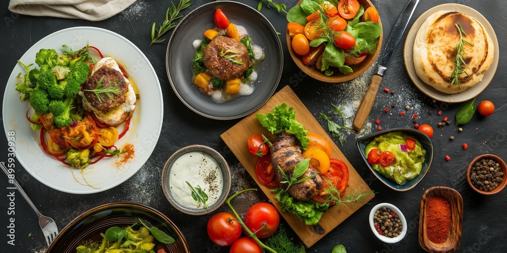 An assortment of delicious dishes and fresh vegetables elegantly presented on a dark table, depicting a gourmet meal. An assortment of delicious dishes and fresh vegetables elegantly presented on a dark table, depicting a gourmet meal.