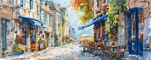 A watercolor painting of a quaint cobblestone street lined with charming shops, cafes, and old-fashioned buildings.