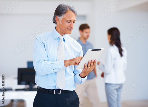 Business, typing and man in office, tablet and internet for online schedule, network and review progress. Person, investment consultant or employee with tech, feedback for stock market or digital app