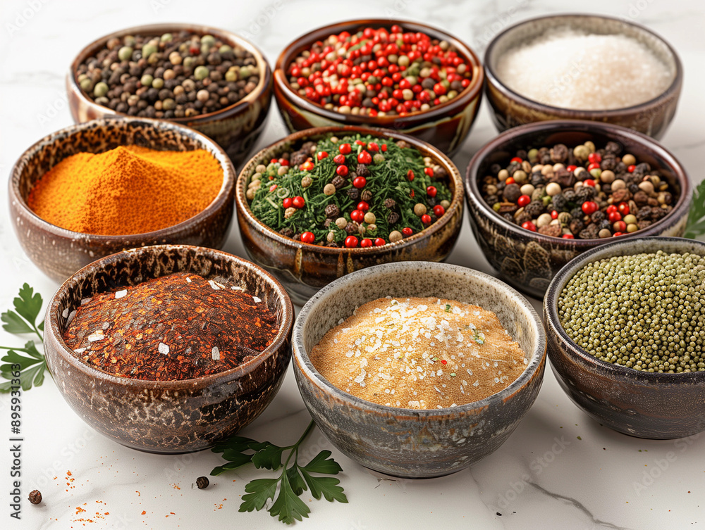 The bowls are full of various colored spices The bowls are full of various colored spices