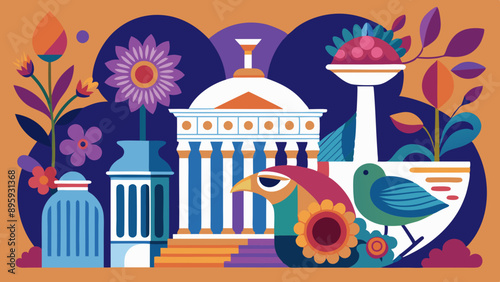 illustration of classical Roman flower vase with temple dome, bird and peacock for wallpaper