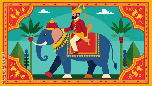 Mughal Emperor riding elephant decorative vector illustration frame
