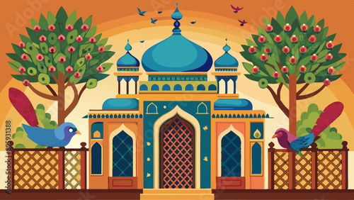 Traditional Mughal temple, lattice wall, peacock, tree pattern illustration
