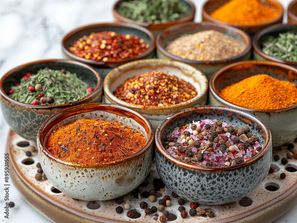 The bowls are full of various colored spices The bowls are full of various colored spices