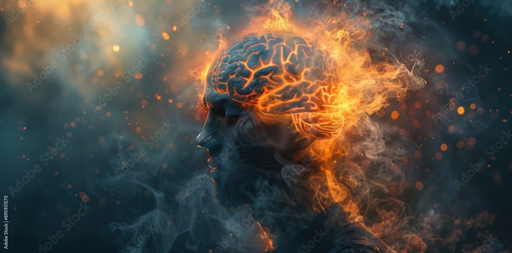 Man with head exploding in fire and smoke, brain made of energy glowing Man with head exploding in fire and smoke, brain made of energy glowing