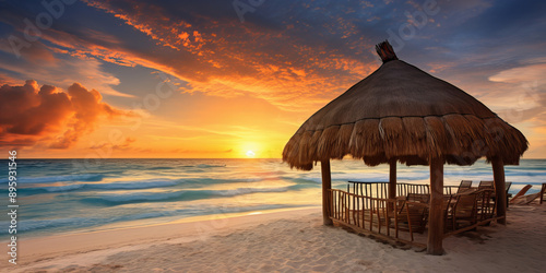 Sunrise over sandy beach.