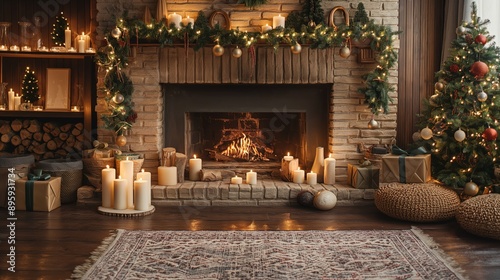 Elegant Christmas fireplace with golden ornaments, candles, and garland. Festive setting for holiday