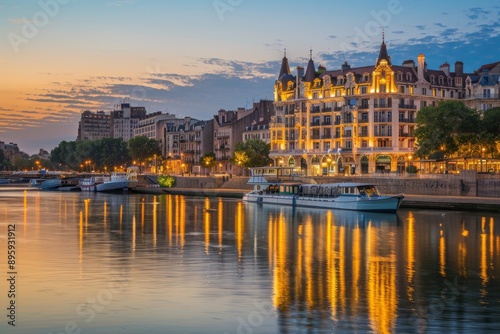 Boat on a River in a City with a Golden Sunset.