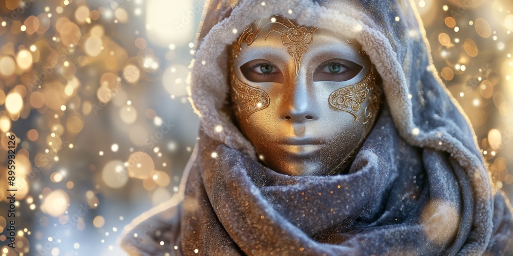 A close-up of a masked figure with a silver and gold face, wrapped in a textured scarf, set against a blurred, festive background with bokeh lights A close-up of a masked figure with a silver and gold face, wrapped in a textured scarf, set against a blurred, festive background with bokeh lights