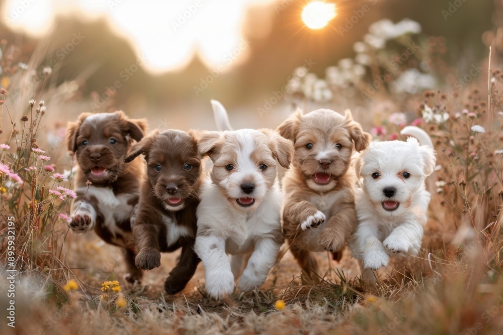 A heartwarming image capturing four puppies as they dash through a field of wildflowers at sunset, exuding joy and excitement in a meadow bathed in golden light. A heartwarming image capturing four puppies as they dash through a field of wildflowers at sunset, exuding joy and excitement in a meadow bathed in golden light.