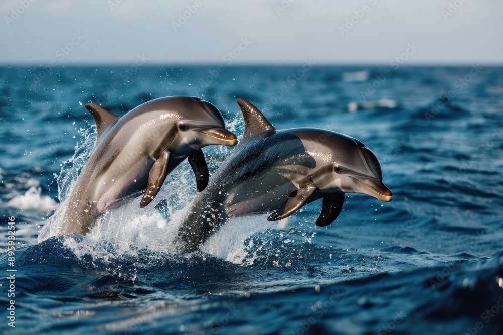 Fototapeta premium Two dolphins perform a seamless acrobatic leap from the ocean, perfectly synchronized, reflecting their playful nature and strength amidst the vast marine environment.