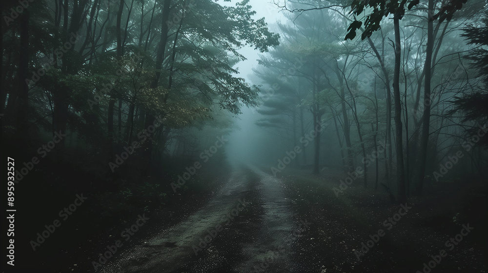 A shadowy forest with a mist-covered road, creating a haunting Halloween night ambiance, features frightening trees within the dark and moody surroundings. A shadowy forest with a mist-covered road, creating a haunting Halloween night ambiance, features frightening trees within the dark and moody surroundings.