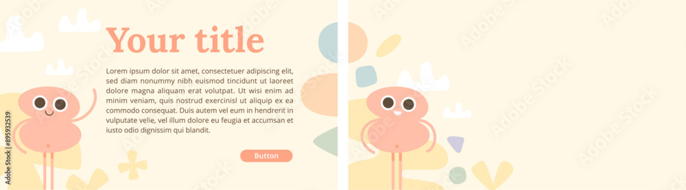 Slide de présentation aux couleurs douces pastels et joyeuses, décorées de formes géométriques et d'un personnage orange souriant, style moderne et minimaliste, esprit joyeux et bienveillant