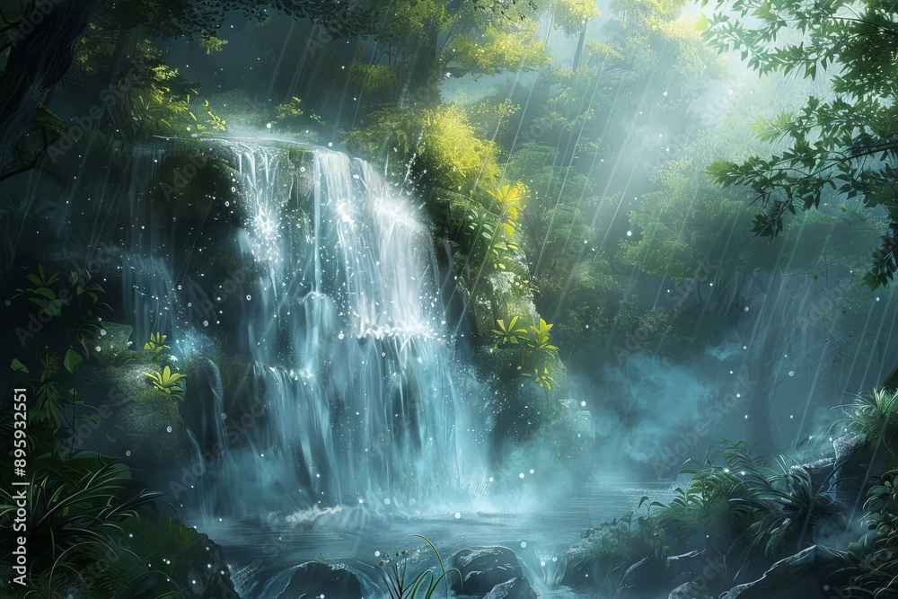 Tranquil Waterfall in Lush Green Forest. Tranquil Waterfall in Lush Green Forest.