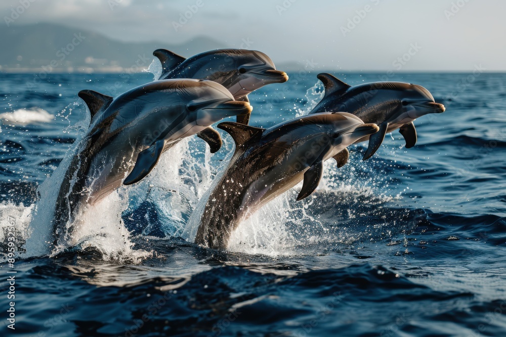 Obraz premium Four dolphins jump high from the ocean waves, moving in perfect synchrony, epitomizing joy and freedom amidst the stunning blue waters and scenic backdrop.