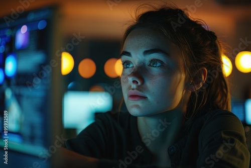Focused female programmer working hard in a darkened office illuminated by the light of computer screens © Anna