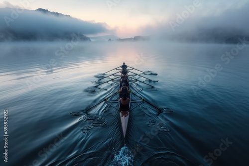 An image featuring early morning rowers moving in a synchronized manner on a serene lake, showcasing the beauty of teamwork and the peacefulness of early dawn. photo