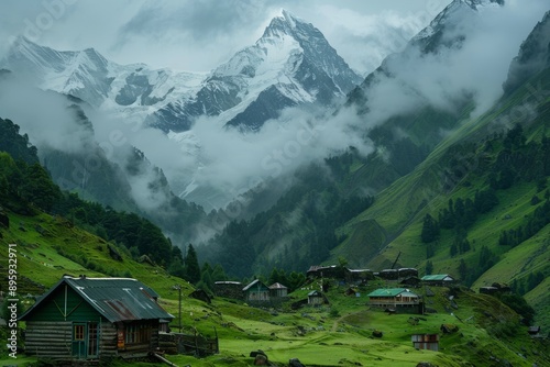 Mountain village nestled in lush green valleys.