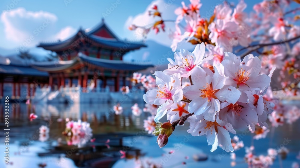 Gyeongbokgung Palace, historical architecture with blooming flowers Gyeongbokgung Palace, historical architecture with blooming flowers