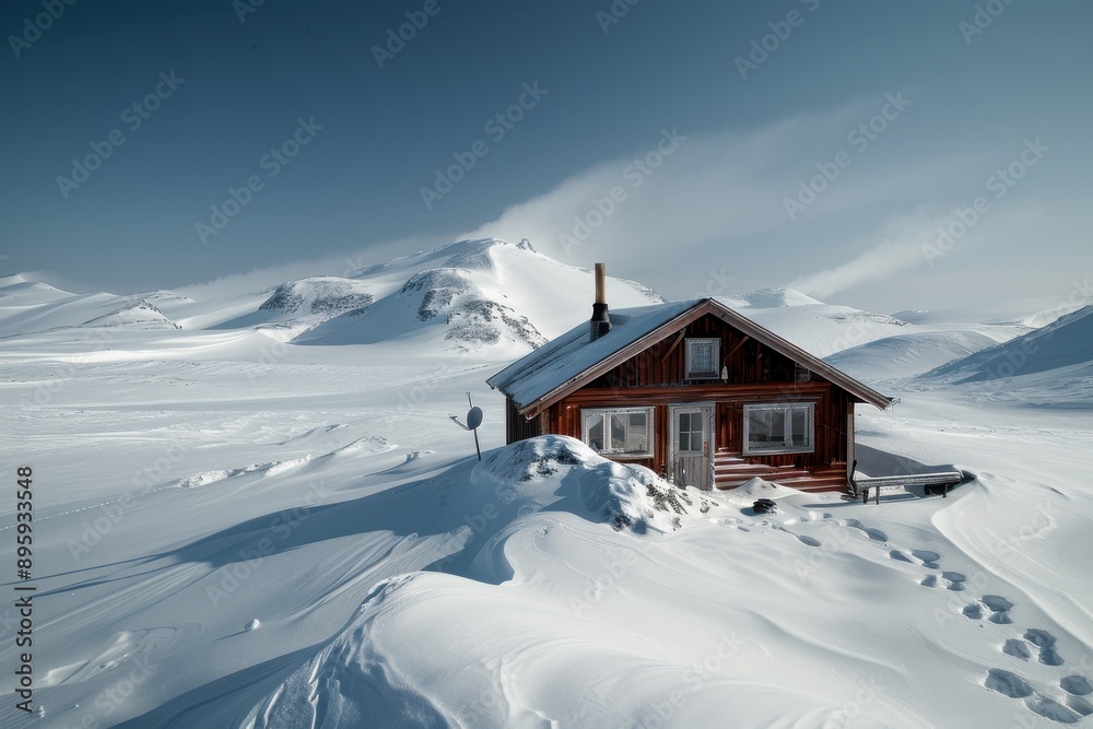 A secluded cabin sits amidst a snow-covered landscape with a magnificent mountain backdrop under a brilliantly blue sky, exemplifying nature's untouched beauty.