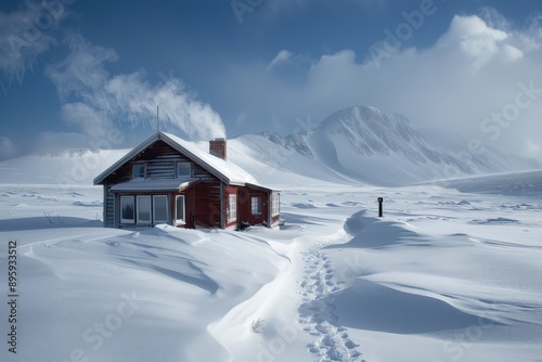 A charming cabin surrounded by mounds of snow in a serene winter landscape, distinct footsteps leading toward it, gives an inviting feel in the cold atmosphere.