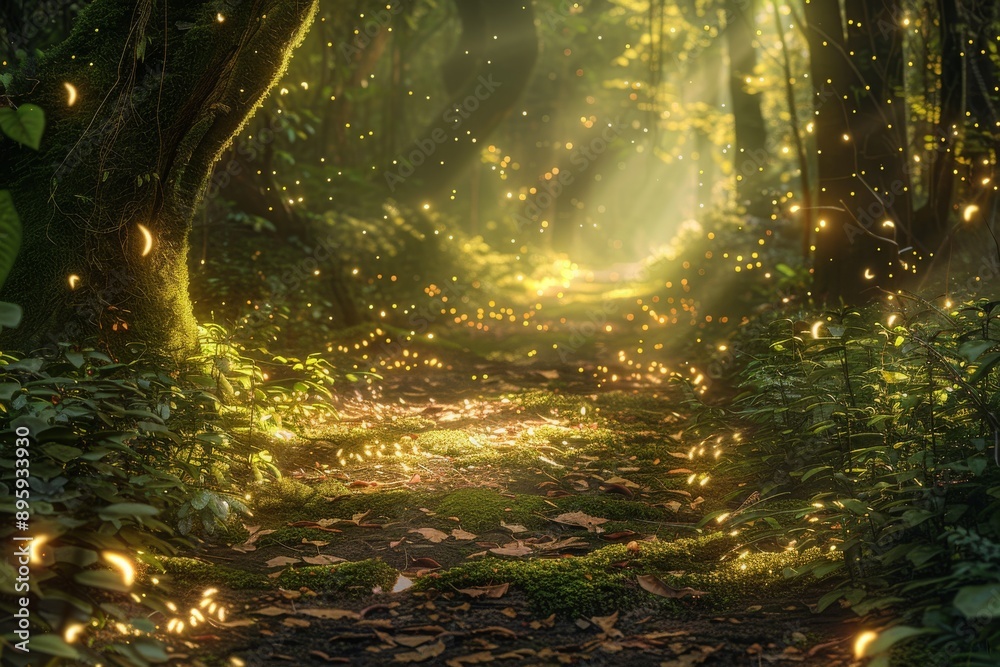 Naklejka premium Magical Forest Path with Fireflies.