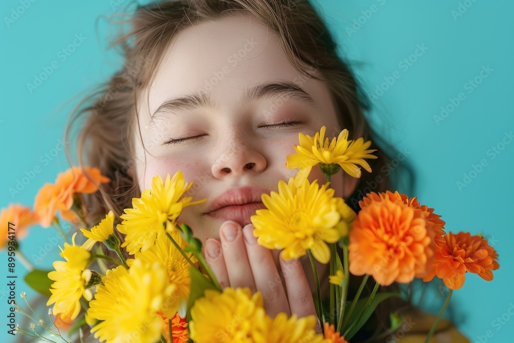 Happy young woman with Down syndrome enjoys aroma and touch of a fresh bouquet flowers Happy young woman with Down syndrome enjoys aroma and touch of a fresh bouquet flowers