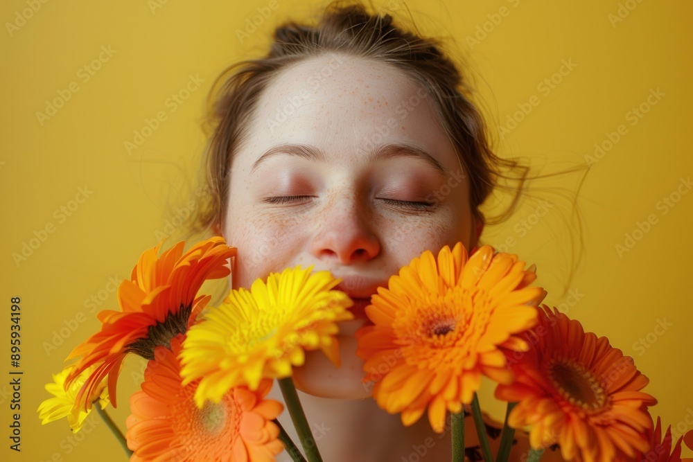 Happy young woman with Down syndrome enjoys aroma and touch of a fresh bouquet flowers