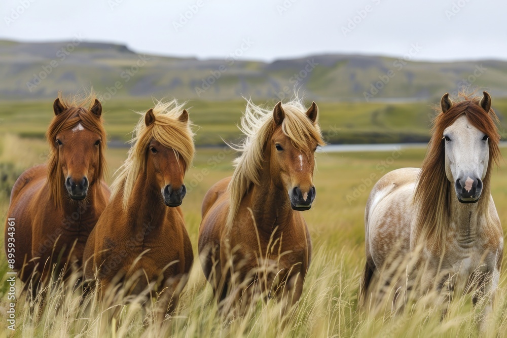Fototapeta premium horses stand against a background of grassy hills and plains landscape