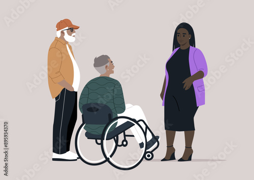 Three individuals, one in a wheelchair, engage in a lively conversation, The group stands against a muted backdrop, their expressions animated and their postures relaxed