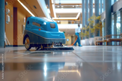 janitor cleaning floor with polishing machine indoors. Scrubber machine for stone or parquet floor cleaning