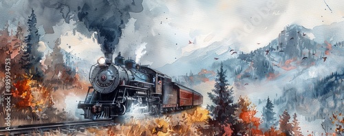A watercolor painting of a vintage steam locomotive chugging along a mountain track, its plume of smoke trailing behind it, reminiscent of a bygone era of transportation.