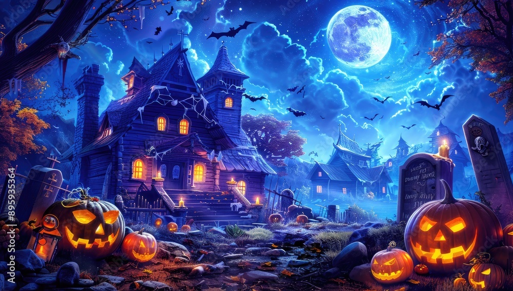 Halloween Scene: Moonlit Field and Haunted House with Pumpkins Halloween Scene: Moonlit Field and Haunted House with Pumpkins