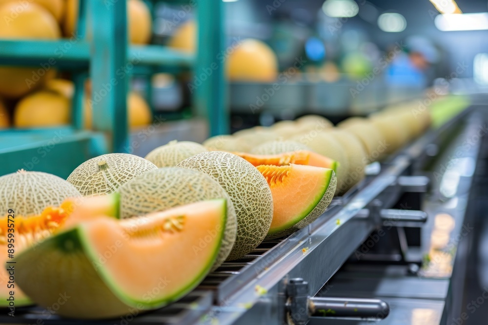 melon in a food processing facility, clean and fresh, ready for automated packing. Concept for a healthy food melon in a food processing facility, clean and fresh, ready for automated packing. Concept for a healthy food