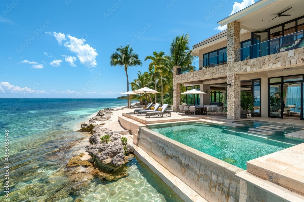 Fototapeta premium Modern Luxury Villa with Infinity Pool Overlooking Tropical Ocean.
