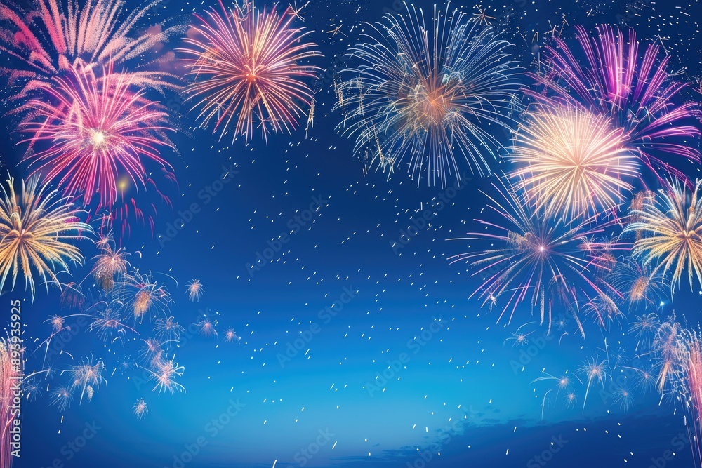 Naklejka premium A spectacular array of bright fireworks illuminates the night sky, casting an awe-inspiring glow perfect for festivities and joyous celebrations.