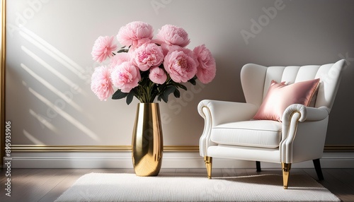 A bouquet of pink flowers in a tall ceramic gold vase on the floor in the corner near a white chair