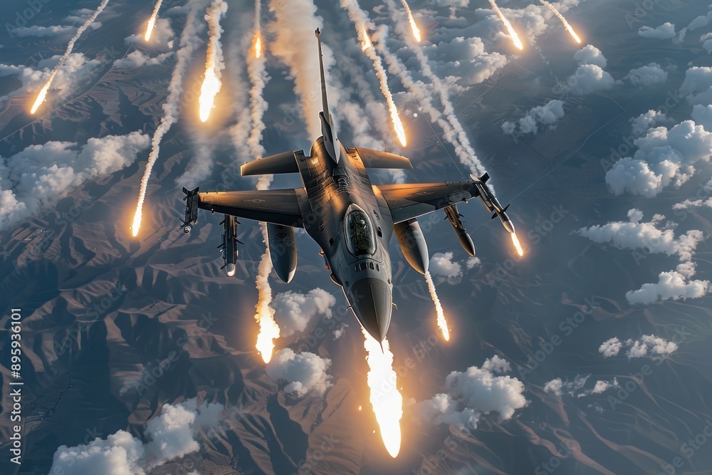 Naklejka premium military jet aircraft emits flares in flight
