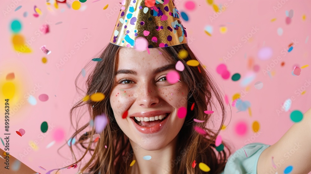 Portrait of happy excited satisfied amused birthday woman wearing festive cap with colorful confetti on a pink background Portrait of happy excited satisfied amused birthday woman wearing festive cap with colorful confetti on a pink background