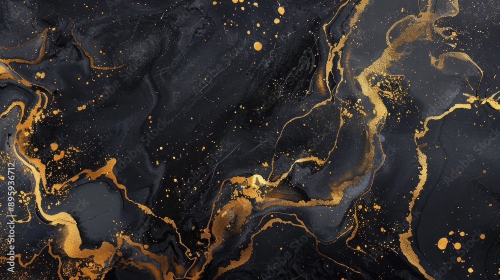 Gold ink patterns on black marble, creating a luxurious abstract background with a watercolor effect Gold ink patterns on black marble, creating a luxurious abstract background with a watercolor effect