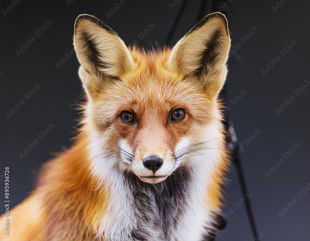 Fototapeta premium Headshot of a red fox with attentive eyes against a black backdrop