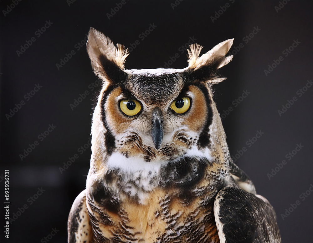 Fototapeta premium A captivating owl, its intricate plumage illuminated against a dark backdrop