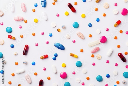 Multi-colored medical drugs tablets, oil capsules and vitamins, white background. Healthy lifestyle medicine