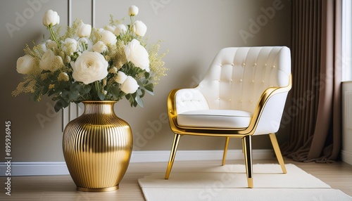 white flowers in golden vase near white armchair with gold pillow