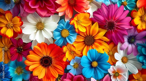 An artistic arrangement of various brightly colored flowers forming a beautiful and eye-catching floral background