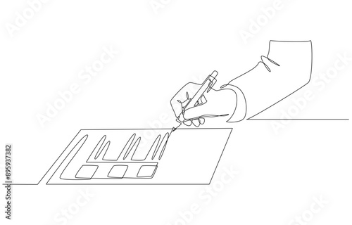 Continuous one line drawing of businessperson writing checklist of progress against business plan, project management and process checklist concept, single line art.