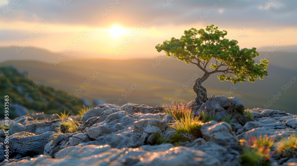 A small bonsai tree growing on a rocky terrain with a sunset in the background A small bonsai tree growing on a rocky terrain with a sunset in the background
